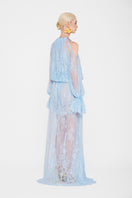 Valenciani cold shoulder maxi lace dress in ice blue, featuring delicate lace details and flowing fabric for elegant summer wear.