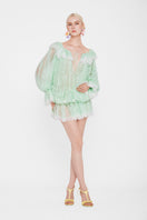 Valenciani off-shoulder lace mini dress showing fitted bodice and delicate lace details for a stylish evening look.