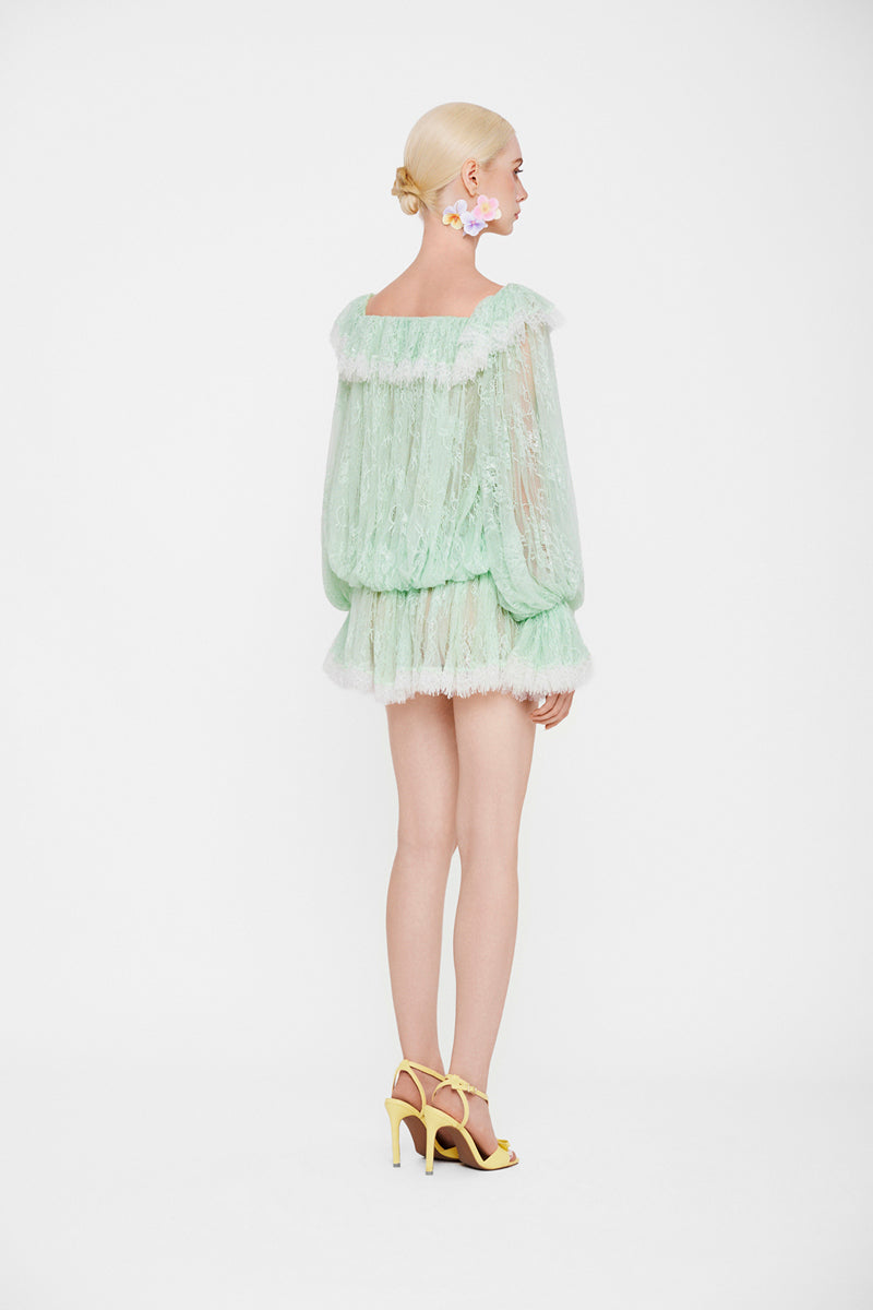 Valenciani off-shoulder lace mini dress displayed on a mannequin with intricate lace details and a fitted silhouette.