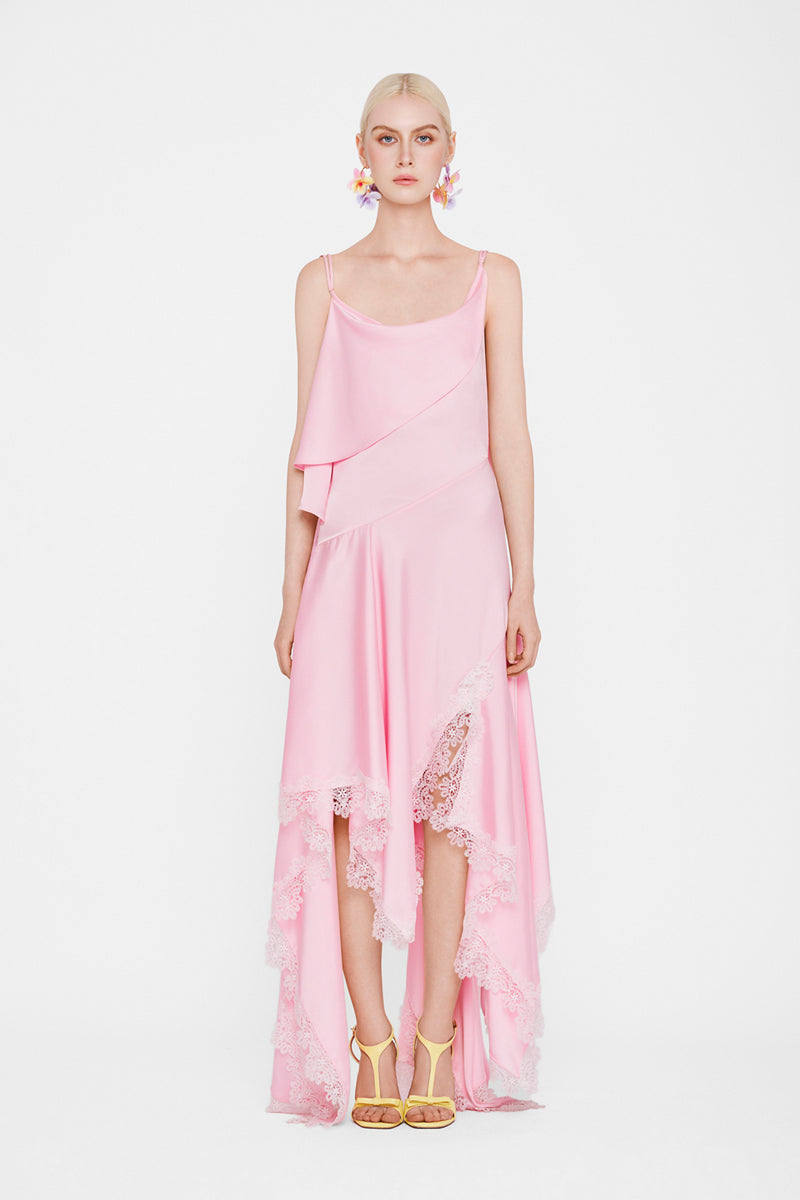 Valenciani CULT MIA X Valencia maxi dress with cowl neck, lace trim, and handkerchief hem in soft fabric, stylish and elegant.