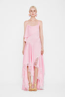 Valenciani CULT MIA X Valencia maxi dress with cowl neck, lace trim, and handkerchief hem in soft fabric, stylish and elegant.
