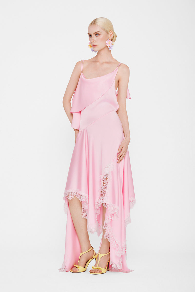 Valenciani CULT MIA X lace-trimmed cowl neck maxi dress with handkerchief hem, stylish and elegant women's fashion.