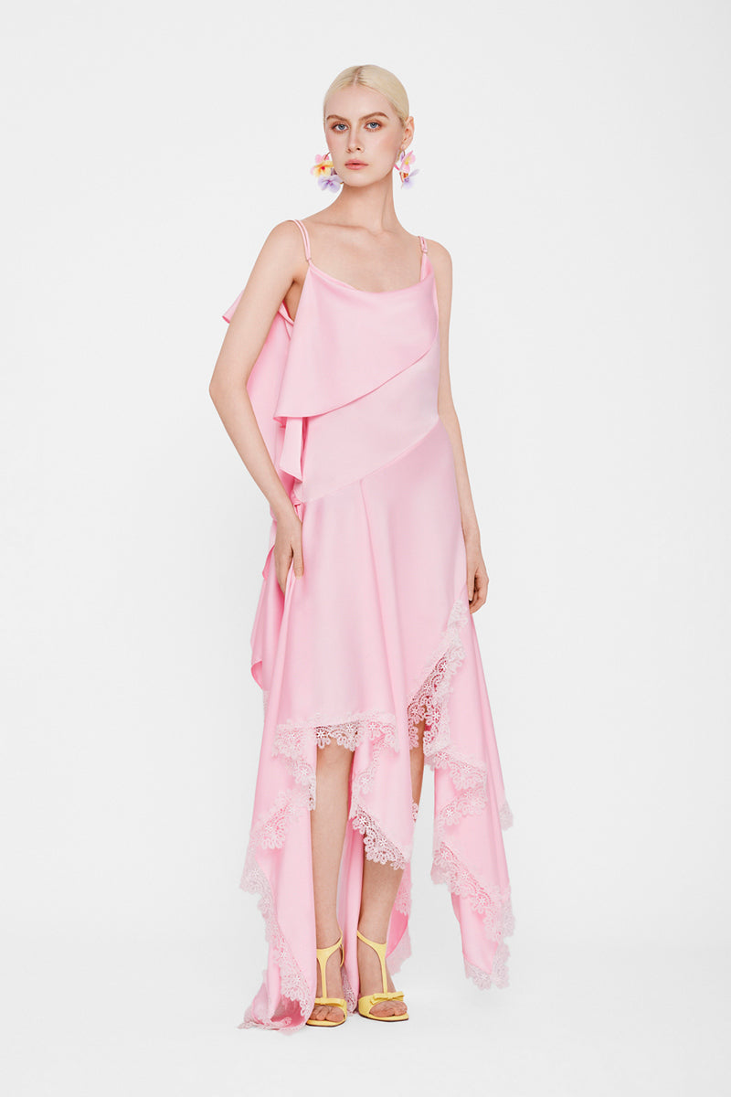Valenciani CULT MIA X Valenciani cowl neck maxi dress with lace trim and handkerchief hem, elegant and flowing silhouette.