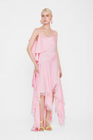 Valenciani CULT MIA X Valenciani cowl neck maxi dress with lace trim and handkerchief hem, elegant and flowing silhouette.