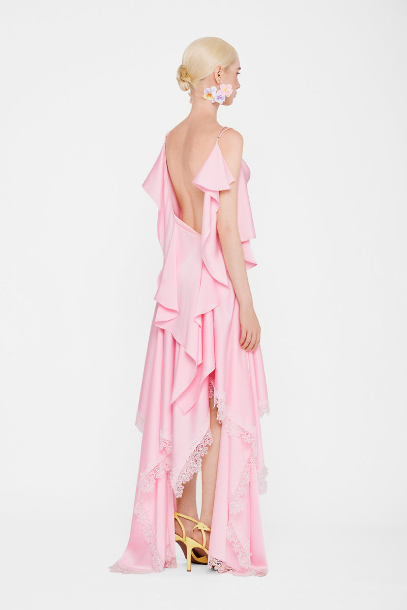 Valenciani CULT MIA X Valencia cowl neck maxi dress with lace trim and handkerchief hem, stylish and elegant evening wear.