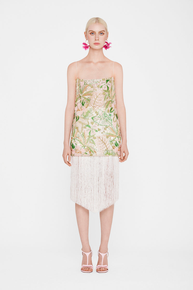 Valenciani sequin mini dress with multicolor fringe detailing, featuring a midi-length style and vibrant, shimmering embellishments.