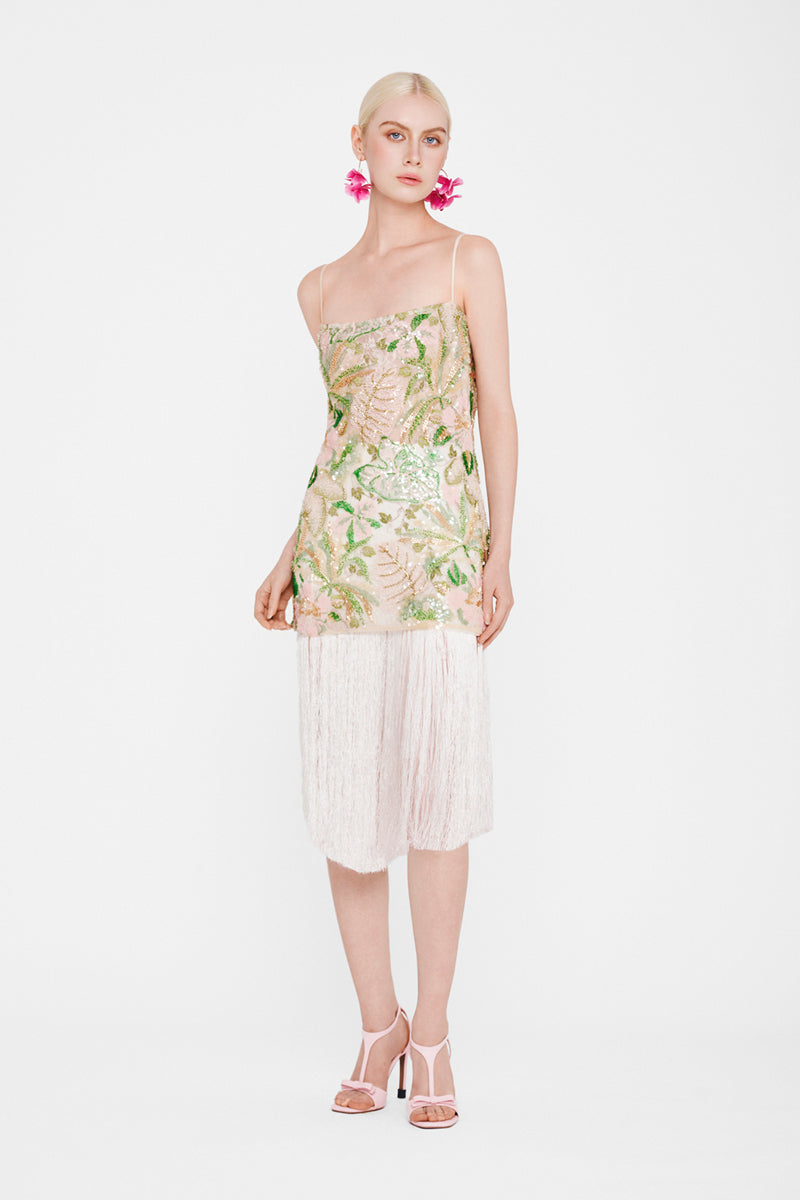 Valenciani sequined mini dress with colorful fringe, midi length, featuring shimmering sequin details and vibrant multicolor design.
