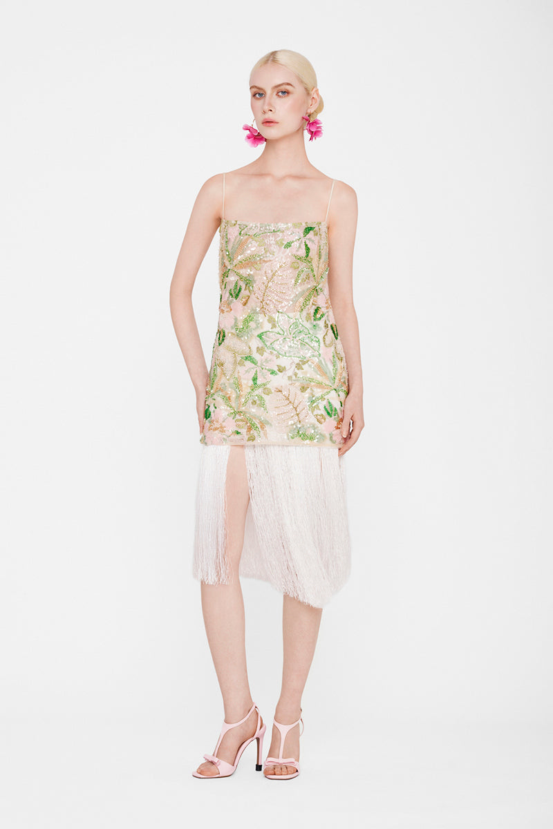 Valenciani sequin mini dress with multicolor fringe, midi length, featuring shimmering sequins and stylish fringe detail.