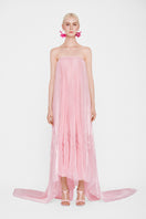 Pastel pink strapless pleated maxi dress by Valenciani, flowing design with elegant pleats, perfect for summer occasions.