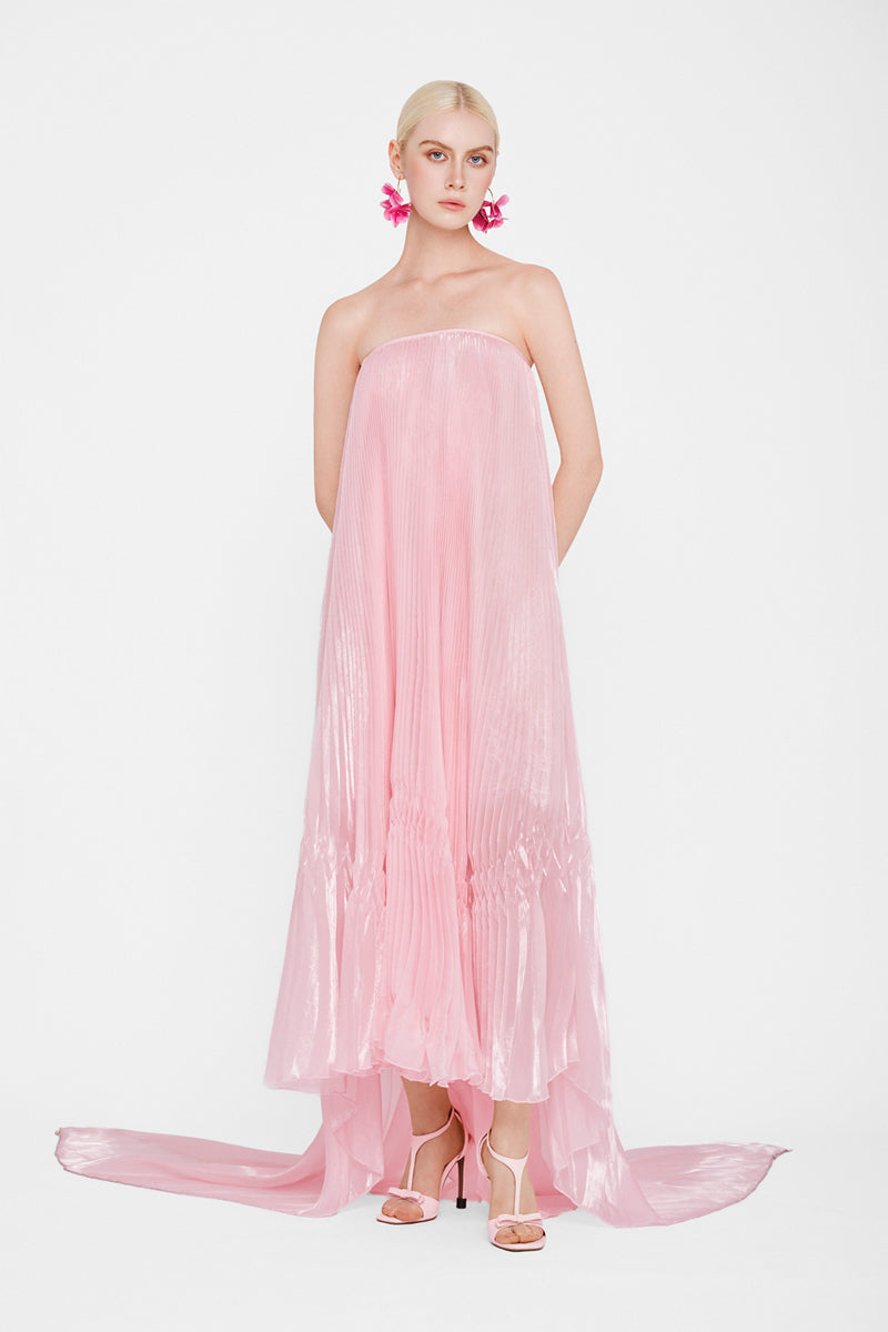 Valenciani strapless pastel pink pleated maxi dress displayed on a hanger, showcasing its flowing fabric and elegant design.