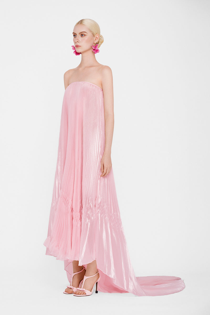 Pastel pink Valenciani strapless pleated maxi dress displayed on a hanger, showcasing flowing fabric and elegant design.