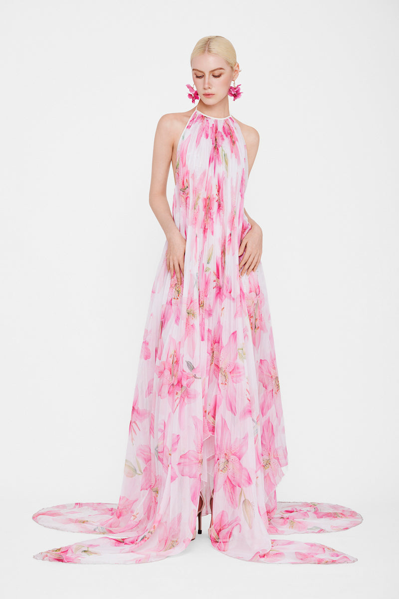 Valenciani halter neck pleated maxi dress in multicolor with flowing fabric and elegant style, perfect for summer occasions.