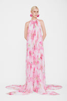 Valenciani halter neck pleated maxi dress in multicolor, flowing fabric with a stylish sleeveless design and vibrant pattern.