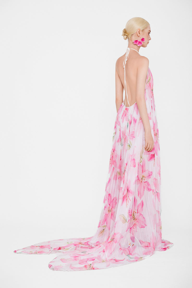 Multicolor halter neck pleated maxi dress by Valenciani, flowing fabric with a stylish, elegant design perfect for summer occasions.