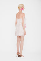 White strapless mini lace dress by Valenciani, featuring intricate lace details and a fitted silhouette.