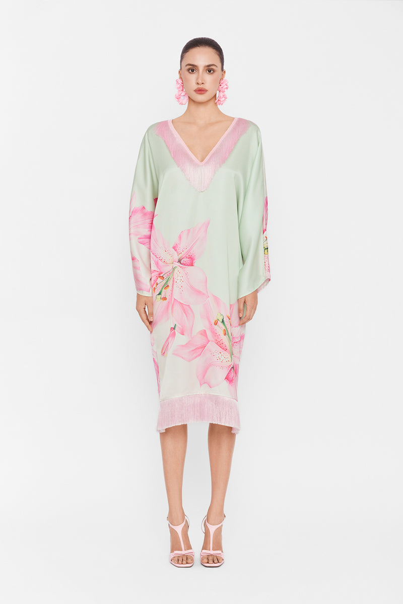 Multicolor V-neck midi kaftan dress by Valenciani featuring a flowing silhouette and vibrant pattern.