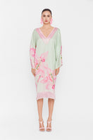 Multicolor V-neck midi kaftan dress by Valenciani featuring a flowing silhouette and vibrant pattern.