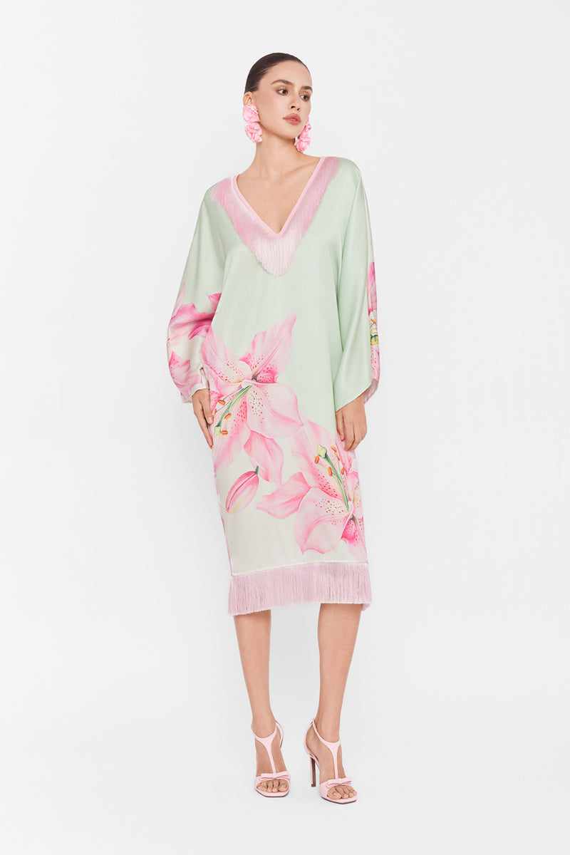 Multicolor V-neck midi kaftan dress by Valenciani featuring flowing fabric and stylish design, perfect for casual or beachwear.