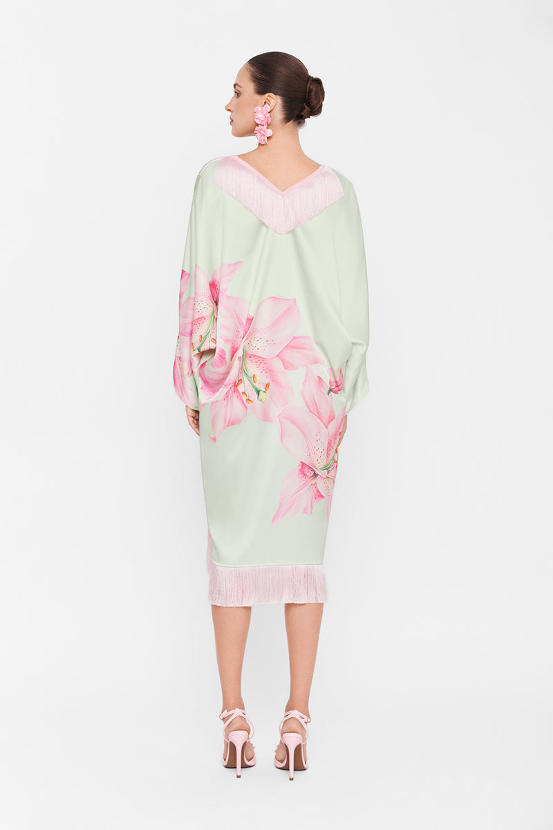 Multicolor V-neck midi kaftan dress by Valenciani featuring flowing fabric and a relaxed, stylish fit.