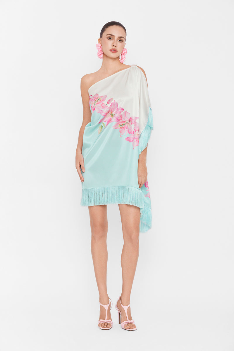 Valenciani multicolor one-shoulder mini dress, stylish and vibrant, with a fitted silhouette and elegant design.