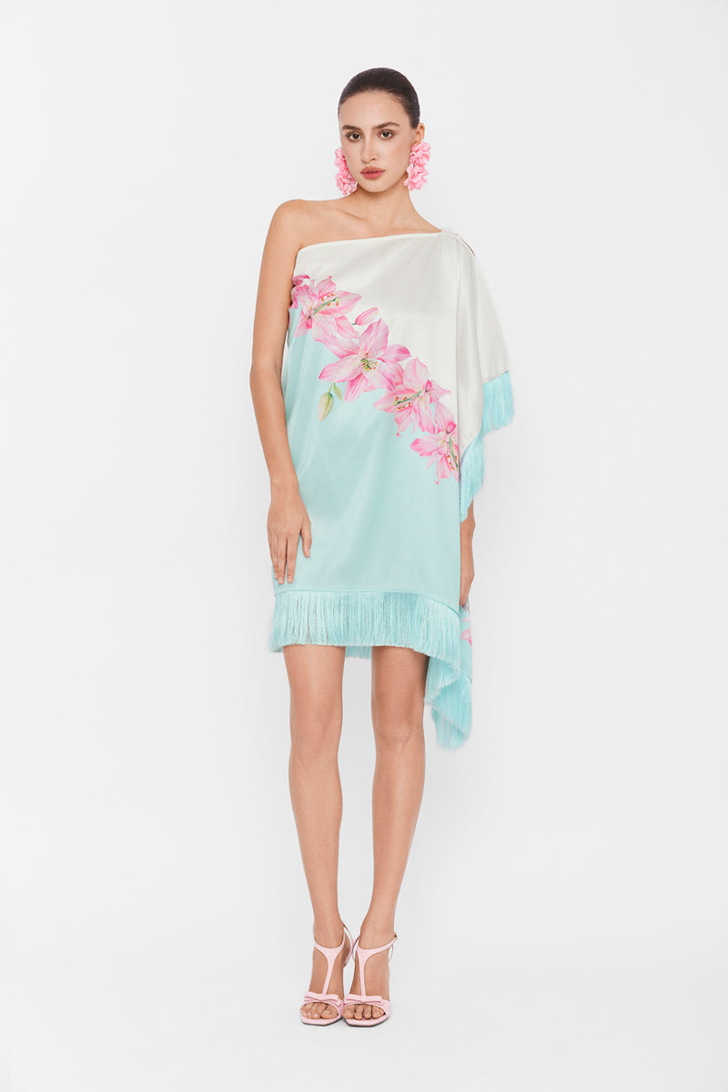 Valenciani one-shoulder mini dress in vibrant multicolor fabric, featuring a stylish and trendy design perfect for special occasions.