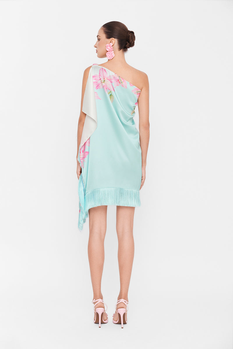 Multicolor one-shoulder mini dress by Valenciani featuring a stylish and vibrant design, perfect for trendy occasions.