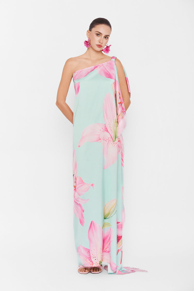 Multicolor one-shoulder maxi dress by Valenciani featuring flowing fabric and vibrant patterns, perfect for elegant summer occasions.