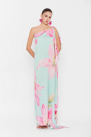 Multicolor one-shoulder maxi dress by Valenciani featuring flowing fabric and vibrant patterns, perfect for elegant summer occasions.