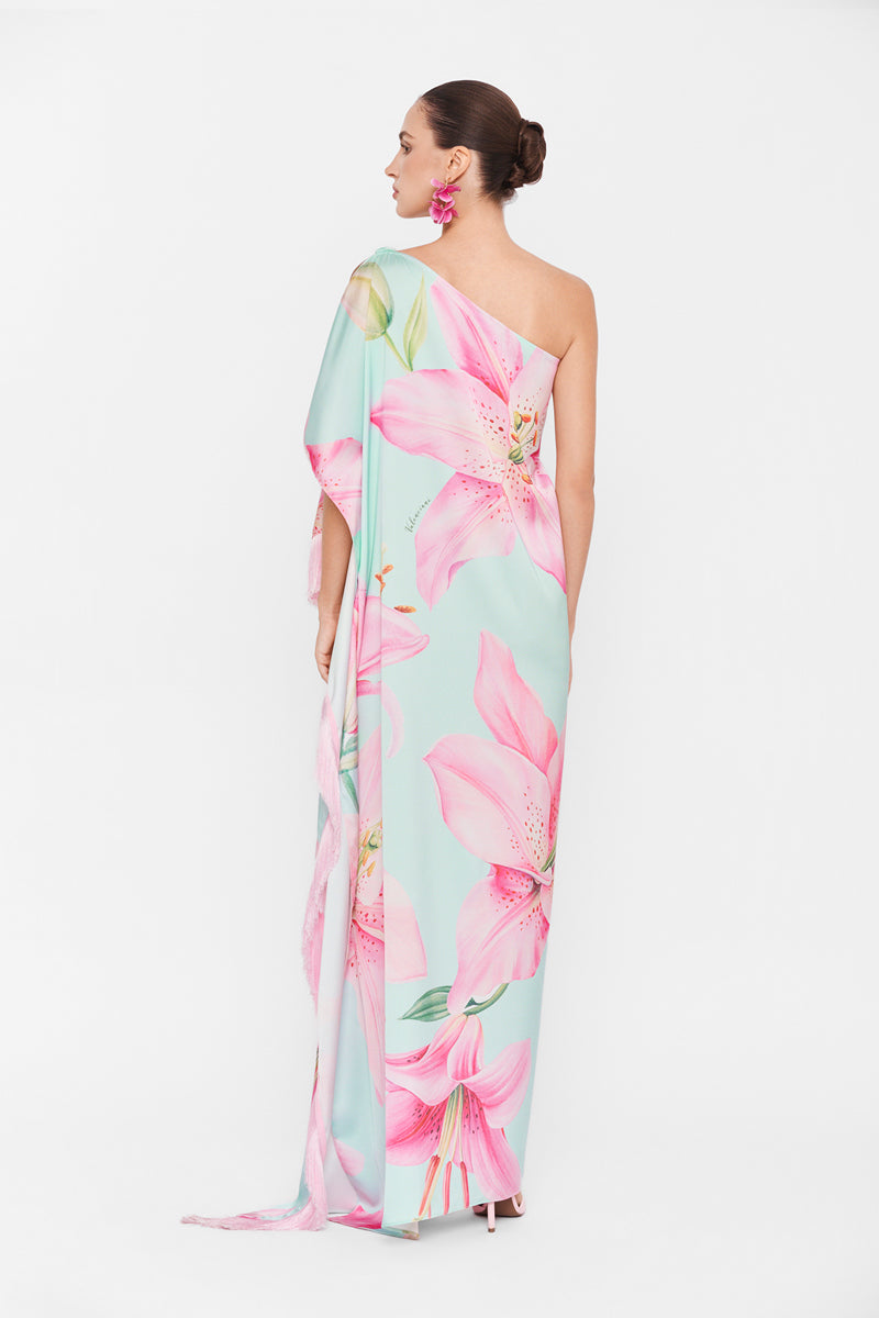 Valenciani multicolored one-shoulder maxi dress with flowing fabric and vibrant pattern, perfect for summer or special occasions.