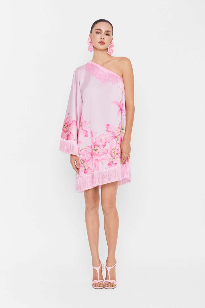 Pink Valenciani one-shoulder mini dress displayed on a hanger, showcasing its stylish design and vibrant color.