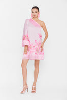 Pink Valenciani one-shoulder mini dress shown on a model, featuring a stylish and fitted design perfect for stylish occasions.
