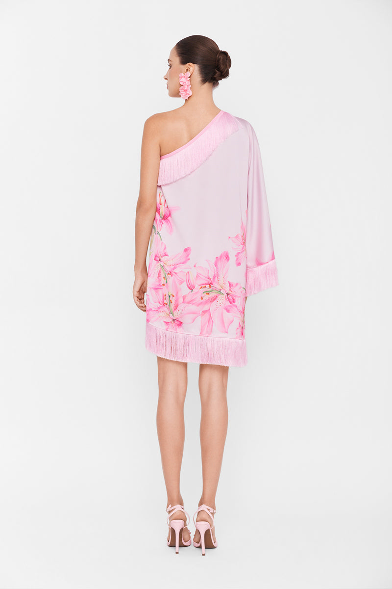 Pink Valenciani one-shoulder mini dress shown on a model, featuring a stylish asymmetrical neckline and fitted silhouette.