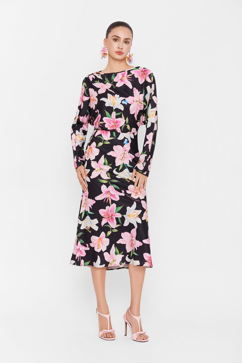 Valenciani long sleeve midi dress in multicolor with a fitted waist and flowing skirt, perfect for stylish daytime wear.