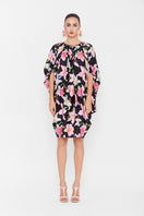 Black multicolor balloon mini dress by Valenciani with a playful, puffed silhouette and vibrant pattern.