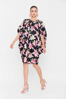 Black multicolor balloon mini dress by Valenciani featuring a playful, voluminous silhouette and vibrant pattern details.