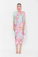 Multicolor asymmetrical drape maxi dress by Valenciani, featuring flowing fabric and stylish design, shown on a model.