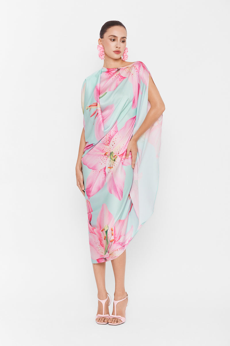 Valenciani asymmetrical multicolor drape maxi dress with flowing fabric and stylish design, perfect for elegant occasions.