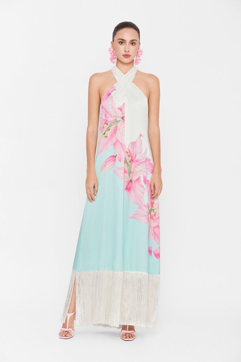 Valenciani Riviera halter maxi dress in multicolor with flowing fabric and halter neckline, stylish and vibrant for summer wear.