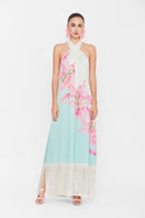Valenciani Riviera halter maxi dress in multicolor with flowing fabric and halter neckline, stylish and vibrant for summer wear.