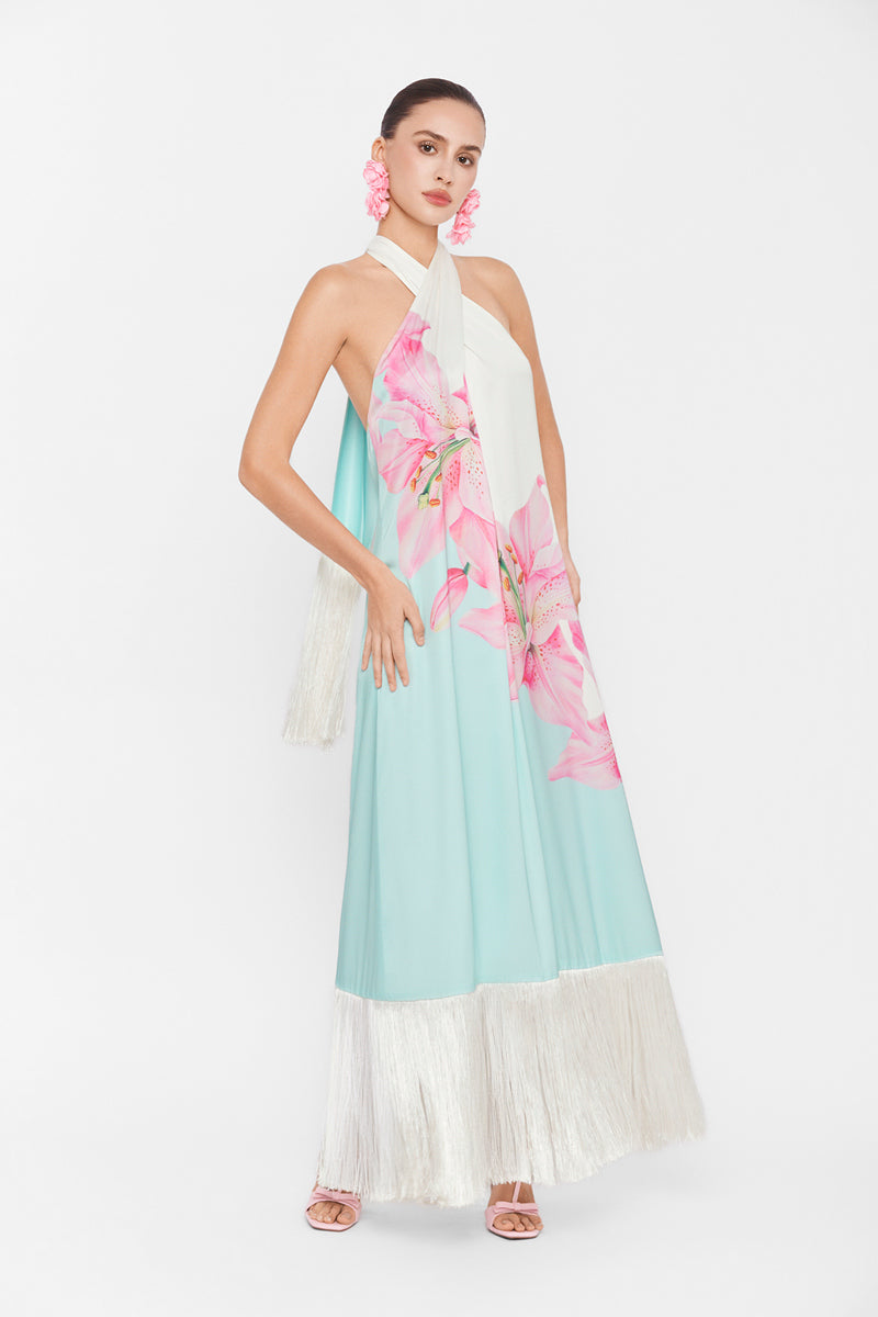 Valenciani Riviera halter maxi dress in vibrant multicolor fabric, flowing design perfect for summer or casual wear.