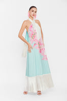 Valenciani Riviera halter maxi dress in vibrant multicolor fabric, flowing design perfect for summer or casual wear.