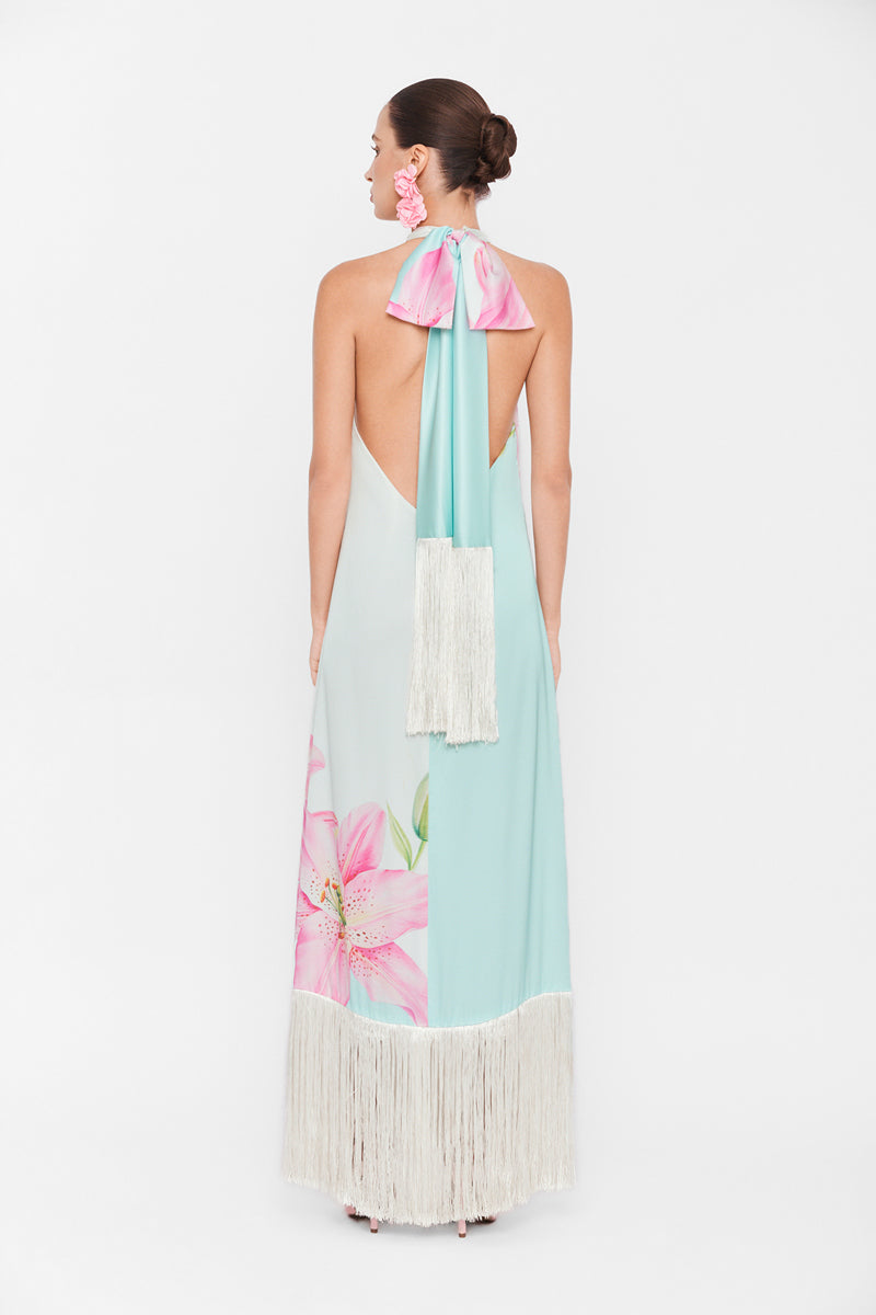 Valenciani Riviera halter dress in vibrant multicolor maxi dress with flowing fabric and halter neckline, perfect for summer occasions.