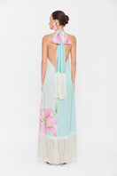 Valenciani Riviera halter dress in vibrant multicolor maxi dress with flowing fabric and halter neckline, perfect for summer occasions.