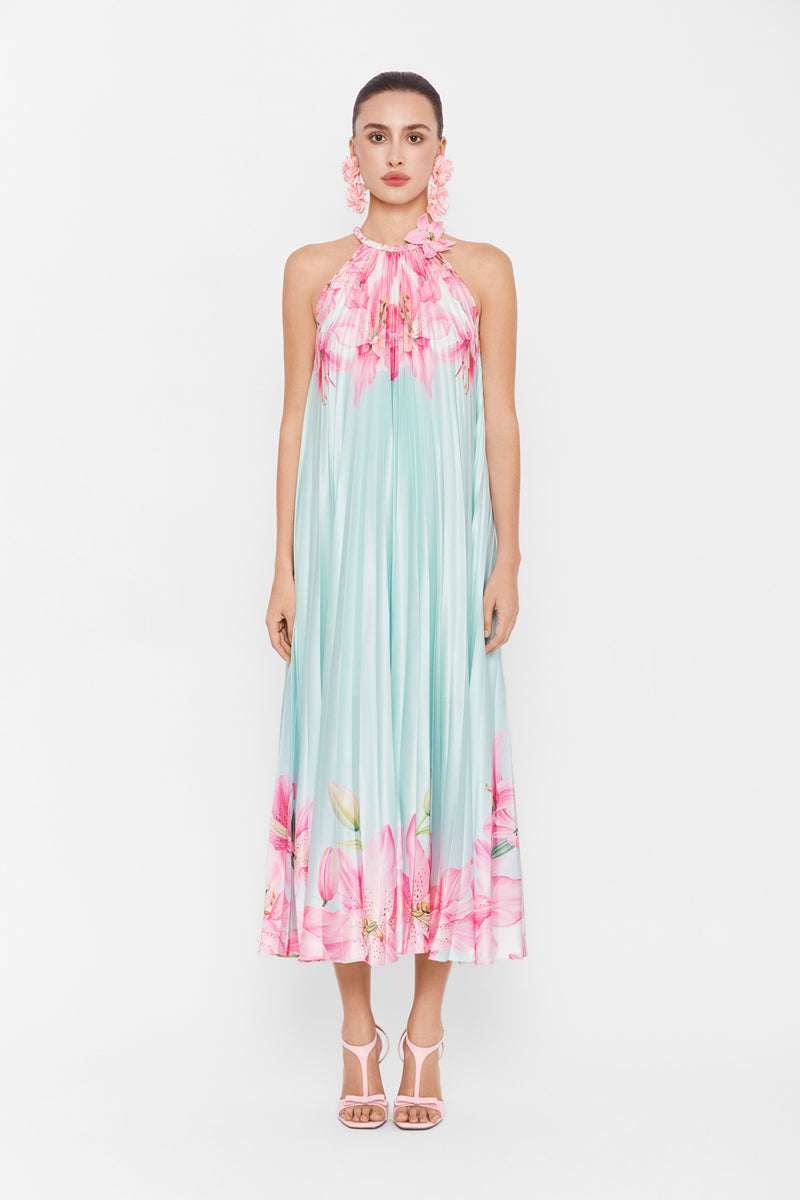 Multicolor watercolor accordion maxi dress by Valenciani, flowing fabric with vibrant, artistic pattern and elegant silhouette.