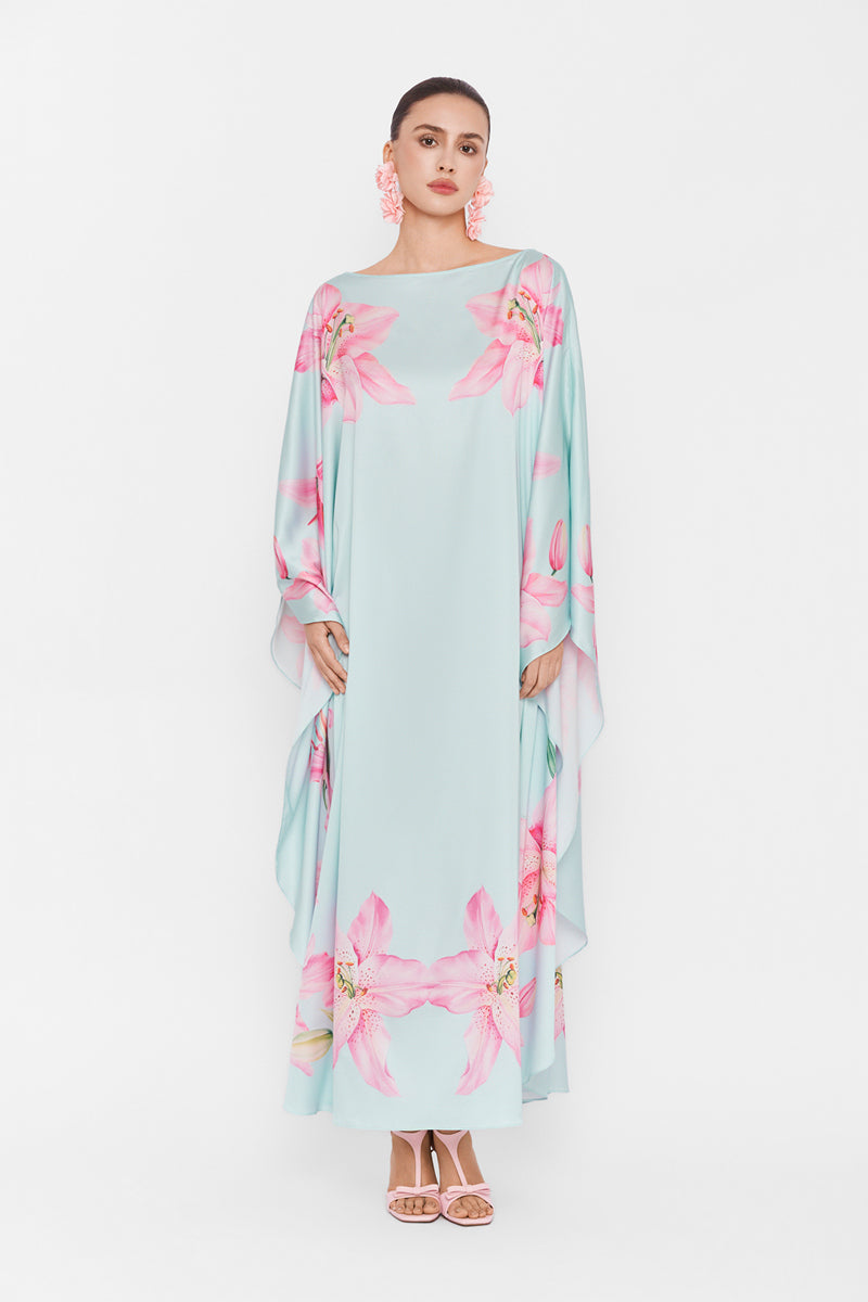 Colorful Valenciani Oasis Maxi Kaftan dress with vibrant multicolor pattern, flowing fabric, and relaxed fit.