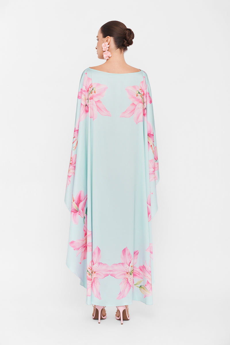 Multicolor Valenciani Oasis Maxi Kaftan featuring flowing fabric and vibrant patterns, perfect for summer or beachwear.