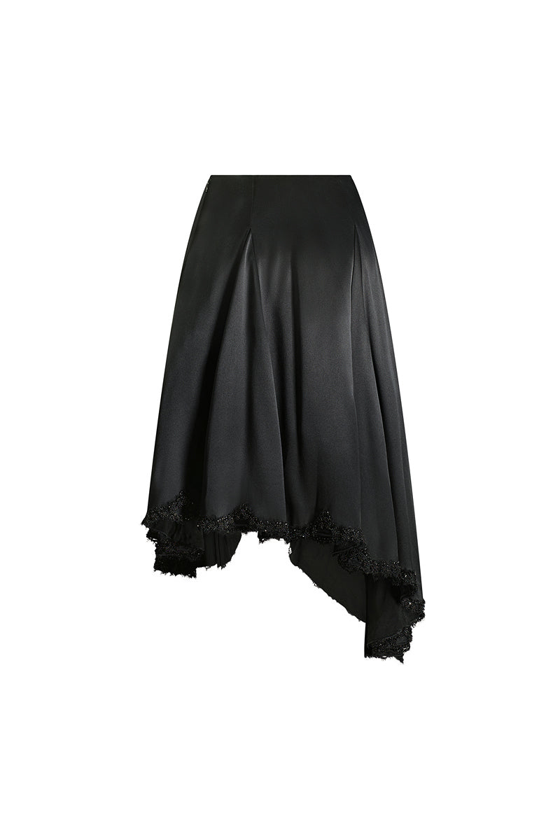 Black Lauren midi skirt by Scarlett Gasque, shown in a stylish, flowing design perfect for casual or formal wear.