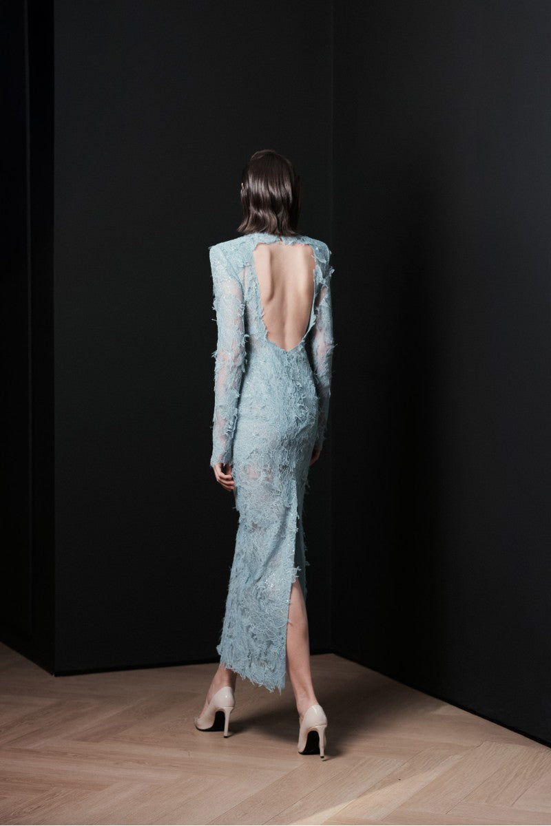 Blue Verona midi dress by LEKIEU, featuring a stylish, flowing design perfect for elegant occasions.