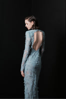 Blue Verona gown by Lekieu, elegant floor-length dress with a flowing silhouette and subtle detailing.