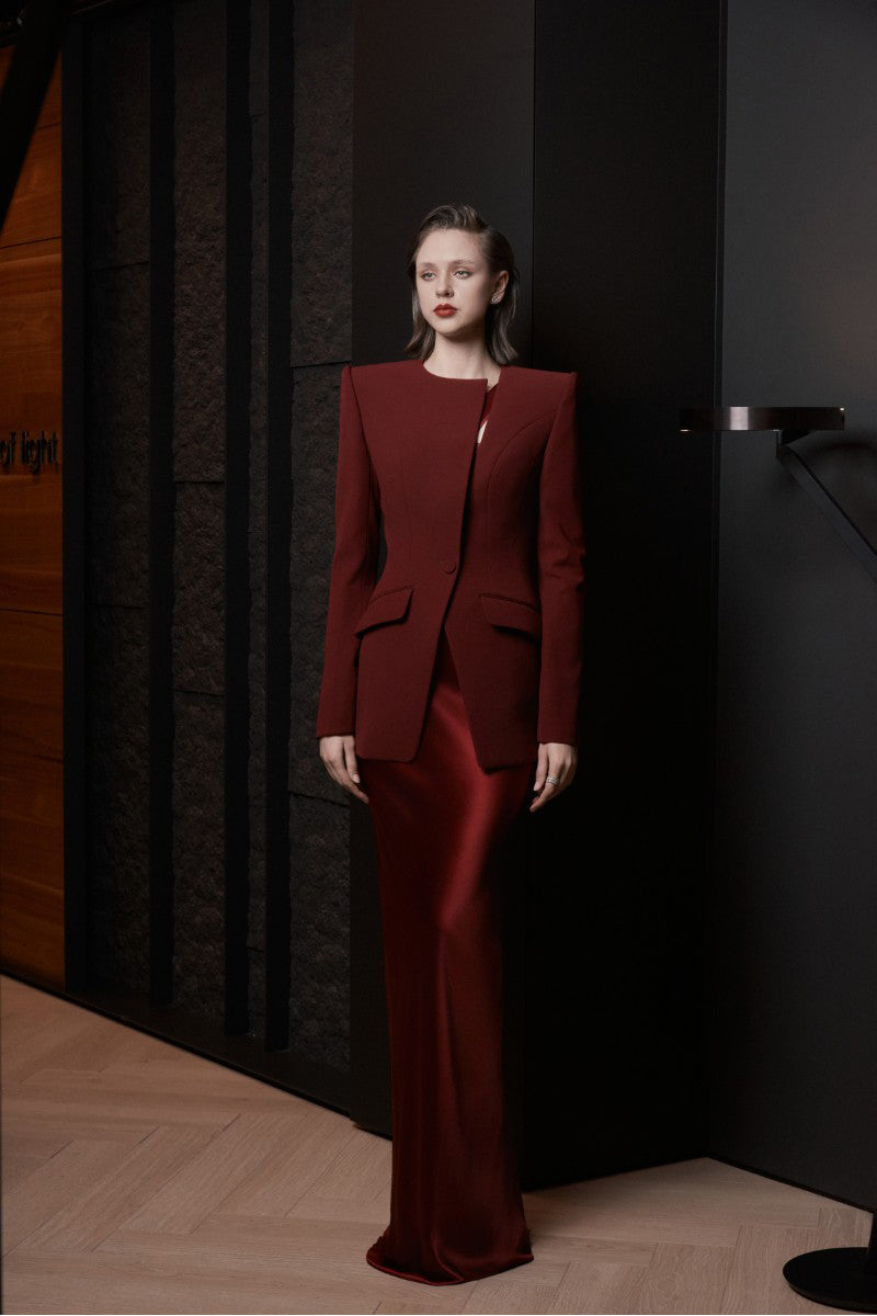 LeKieu Pisa jacket in burgundy with a stylish design, shown on a hanger, featuring a sleek, modern look for casual wear.